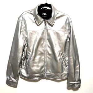 ZARA faux leather metallic silver jacket